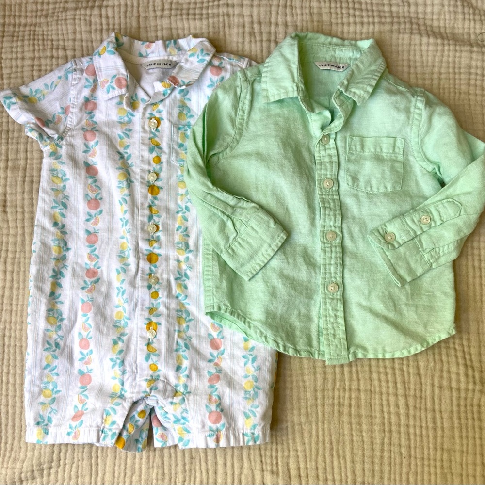 Janie and Jack Bundle Linen Cotton Romper Button Shirt 6-12 Months Preppy Spring